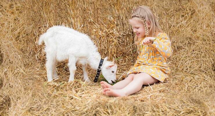 Kind mit Ziege im Stroh