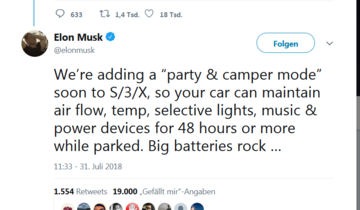 Elon Musk Tweet zum Tesla mit Camping-Modus 